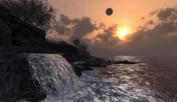 Dramatic sunset over a coastal waterfall photo