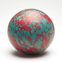 Spherical decorative object with vibrant red and teal marbling photo