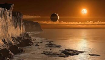 Alien coastline bathed in fiery sunset. Vast cliffs meet a tranquil ocean under a double sun photo