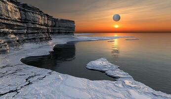 Frozen alien coastline at sunset photo