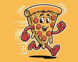 Pizza Logo Slice Running with a Smile on Yellow Background vector