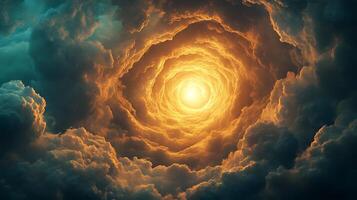 Ethereal Glowing Spiral of Dramatic Clouds Illuminated by Radiant Light photo