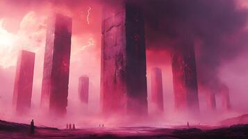 Majestic Crimson Monoliths Emerge in a Mystical and Atmospheric Landscape photo