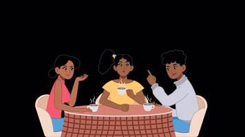 Loop animation of friends chatting over coffee in cozy cartoon style. Great for topics like friendship, cafe culture, and communication. Transparent background on Alpha Channel video