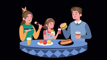 Loop animation of a cheerful family enjoying fast food and sushi together at the table. Modern cartoon illustration. Transparent background on Alpha Channel video