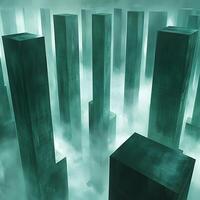 Mystical Green Towers Emerging Through Enveloping Fog in Atmospheric Scene photo