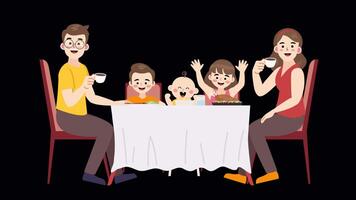 Happy family enjoying a cheerful dinner together at home in flat cartoon style. Loop animation. Transparent background on Alpha Channel. video