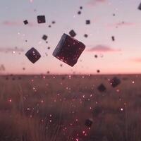Floating Magic Cubes Amid Sparkling Lights at Sunset in Open Field photo
