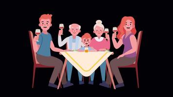Loop animation of a cheerful multi generation family toasting at dinner. Flat cartoon illustration style. Transparent background on Alpha Channel video