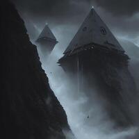 Suspenseful Floating Pyramid Structures in a Foggy Atmospheric Landscape photo