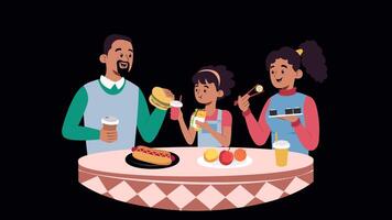 Happy family eating together loop animation in 2d flat cartoon style. Fun animated scene perfect for food, parenting, and lifestyle themes.Transparent background on Alpha Channel video