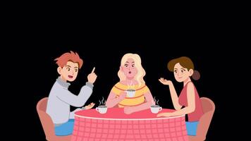 Loop animation of three friends talking and drinking coffee in a modern cartoon style. Transparent background on Alpha Channel. video