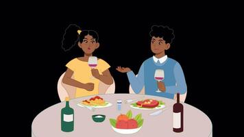 Loop animation of a couple enjoying dinner and wine together in a modern setting. Flat cartoon illustration style. Transparent background on Alpha Channel video
