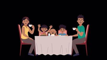 Loop animation of a black happy family with kids and a baby enjoying a meal together. Flat cartoon style visuals. Transparent background on Alpha Channel video