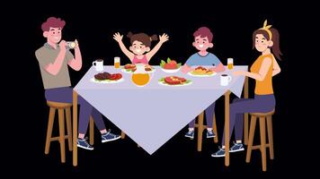 Animated loop of a happy family enjoying a meal together at home. Modern flat cartoon style. Transparent background on Alpha Channel video