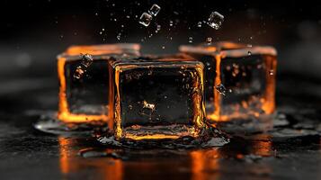 Close-Up of Melting Ice Cubes with Vibrant Orange Light photo