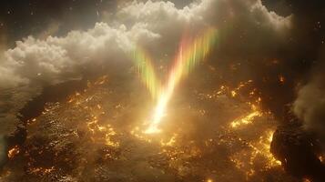 Eruption with Stunning Light Beam Amid Volcanic Landscape and Thick Clouds photo