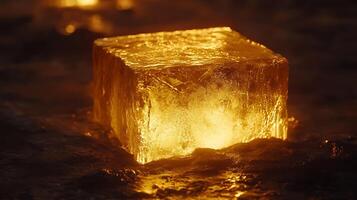 Illuminated Melting Ice Cube with Golden Glow in Darkened Surroundings photo