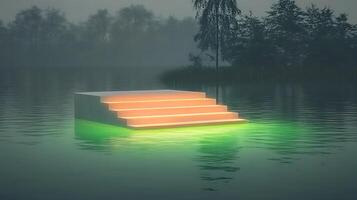Illuminated Staircase Structure Floating on Misty Water in Tranquil Foggy Landscape photo