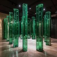 Illuminated Green Glass Columns in a Modern Art Installation Display photo