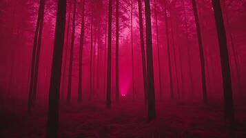 Enigmatic Forest Glow Amid Towering Trees in an Eerie Red Light photo