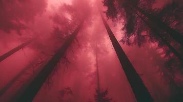 Towering Forest Trees Under a Mystical Red Sky in Dense Fog photo