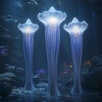 Captivating Luminescent Towering Shapes in an Enchanting Subterranean Setting photo