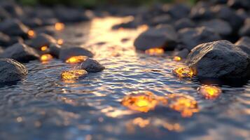 Close-Up of Illuminated Stones in a Tranquil Flowing Stream at Sunset photo