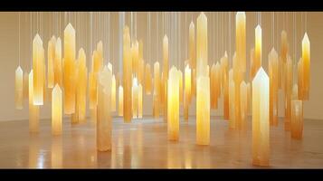 Artistic Installation of Suspended Glowing Crystal-like Forms in Warm Light photo
