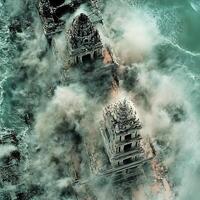 Submerged Ancient Temples Amidst Ocean Waves in a Dramatic Scene photo