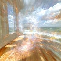 Surreal Ocean View with Lightburst Through Window and Cloudy Sky photo