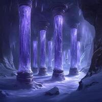 Majestic Ice Cavern with Illuminated Purple Crystal Pillars in a Mystical Setting photo