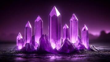 Luminous Violet Crystal Formations Highlighted Against a Mystical Backdrop photo