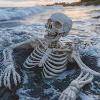Skeleton in Ocean Waves at Sunset Depicting Abstract and Surreal Themes photo