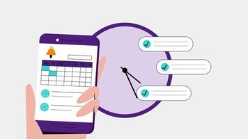 2D animation of managing time using a productivity app, illustrating scheduling and effective time management video