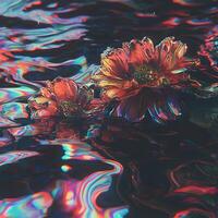 Vivid Floral Blooms Floating on Reflective Liquid Surface with Abstract Colors photo