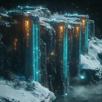 Futuristic Snowy Cliff with Glowing Neon Light Streams at Night photo