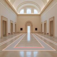 Spacious Minimalistic Gallery with Illuminated Path and Architectural Details photo