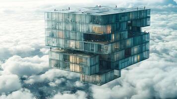 Modern Cube-Structured Building Floating Among Clouds in Urban Sky Scene photo