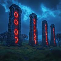 Ancient Stone Monoliths Illuminated With Glowing Red Runes At Night photo