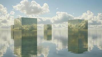 Mirror-Like Cubes Floating on Reflective Water Against a Cloudy Sky photo