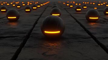 Row of Glowing Spheres on a Dark Surface in Futuristic Setting photo