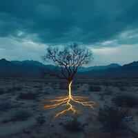 Illuminated Tree with Lightning-Shaped Roots in a Moody Desert Landscape photo