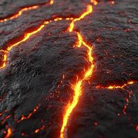 Molten Lava Flowing Through Cracks in Dark Volcanic Rock Surface photo
