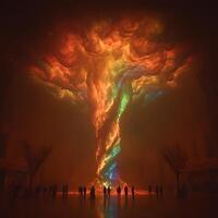Silhouetted Figures Observe a Vibrant Tornado of Colors in Majestic Scene photo