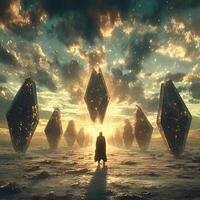 Mysterious Figure Amid Floating Crystals on a Vast Magical Landscape photo