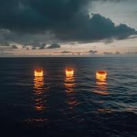 Illuminated Jellyfish Floating on the Ocean Under a Dramatic Sky at Dusk photo