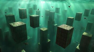 Surreal Underwater Scene with Fish and Floating Geometric Blocks photo