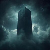 Mysterious Monolith Emerging Amid Enigmatic Clouds and Starry Night Sky photo