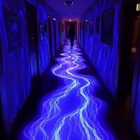 Mysterious Corridor With Illuminated Blue Lightning Pattern Glowing on Floor photo